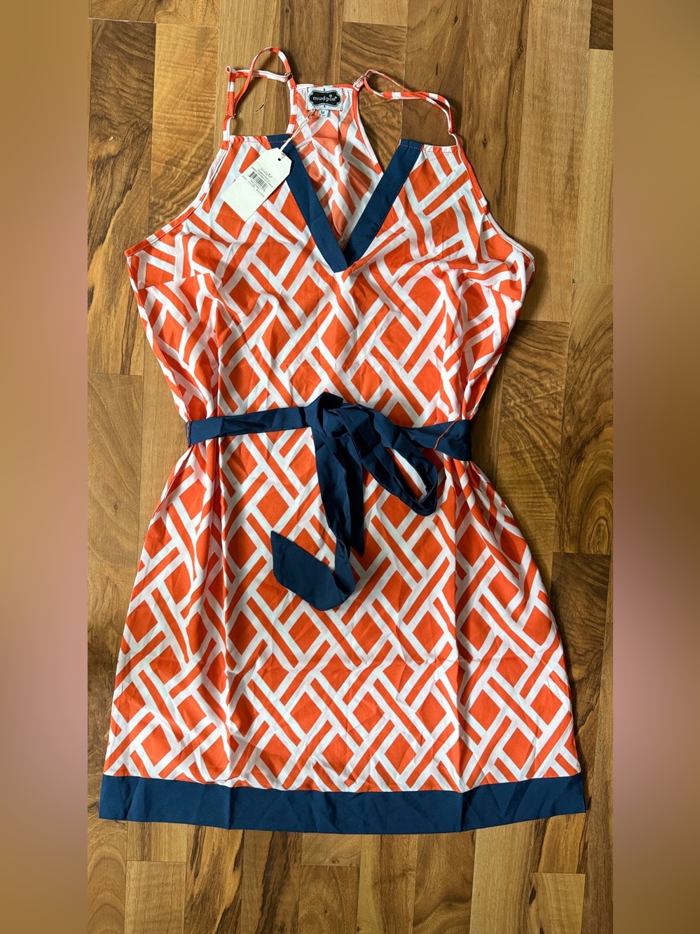 Mud Pie Orange and White Geometric Dress with Navy Trim